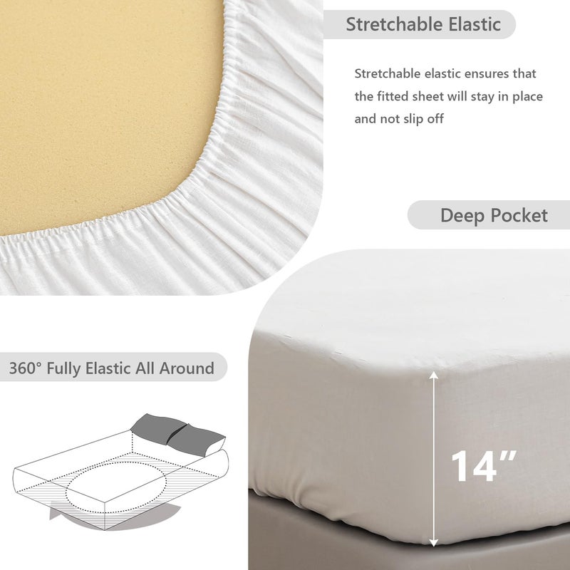 Simple&Opulence 100% Linen Fitted Sheet Twin(1 Piece), 14 Inch Deep Pocket Mattress Cover Natural French Flax Stone Washed Farmhouse Soft Breathable Bottom Sheets-White - Image 2